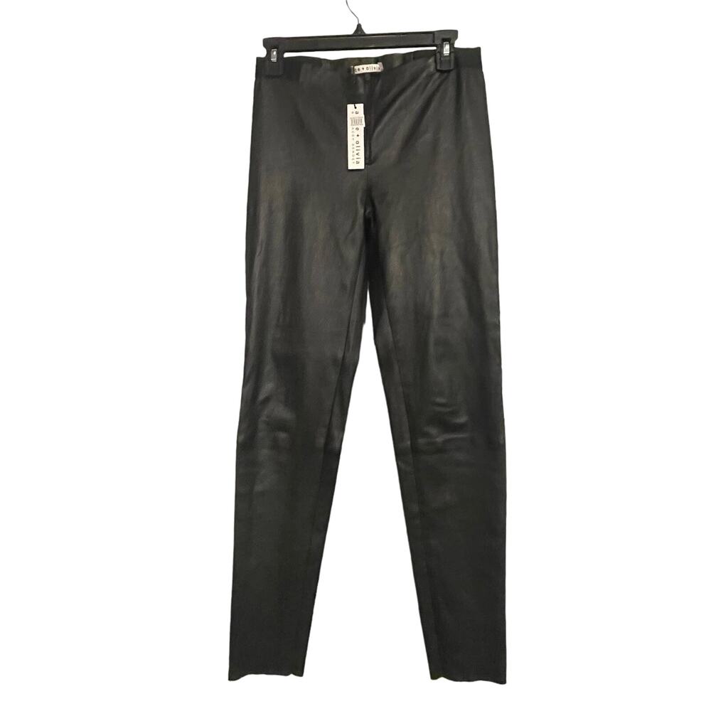 Alice + Olivia Pants Front Zip Lamb‎ Skin Leggings Sz 10 Black Elastic Waist NEW